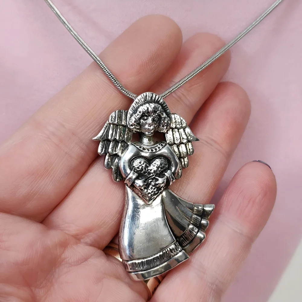 Vintage Sterling Silver Large Angel Brooch Pin Necklace Pendant with 20" Chain - Picture 4 of 15